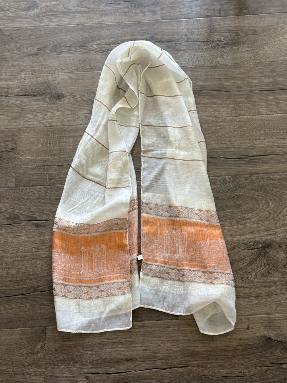 Lightweight Cream and Orange Woven 100% Silk Scarf - 70”x21”